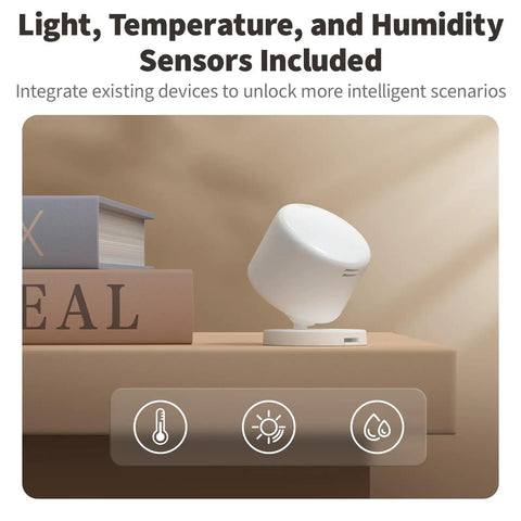 AI Powered 5 In 1 Presence Sensor With 60GHz MmWave And PIR Motion Detection on shelf with light and book, smart home integration