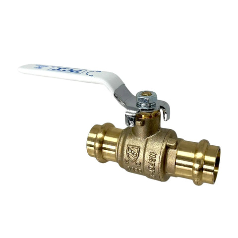2-Pack 3/4-Inch Press Copper Ball Valve With Full Port Brass Body Built Tough Lead Free For Potable Water Compatible With Hard Copper Pipe Types K L M Requires Press Tool Not Included. Side view showing brass construction and white handle.