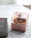 Magnetic Rose Gold Paper Clip Holder Dispenser With 100 Paper Clips in box, apple shape design, on checkered fabric surface