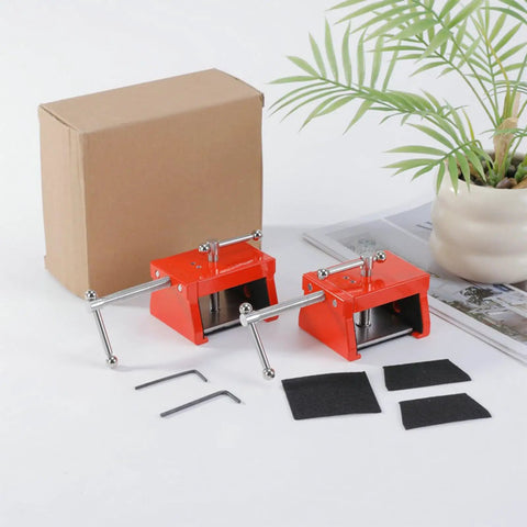 Heavy Duty Hole Punching Fixture Clamping Jig For Cabinet Assembly And Custom Furniture, red aluminum jigs with tools on a table.