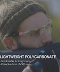 Person wearing anti fog safety glasses with UV protection and scratch resistant Z87 1 pro level eye gear, adjustable temples.