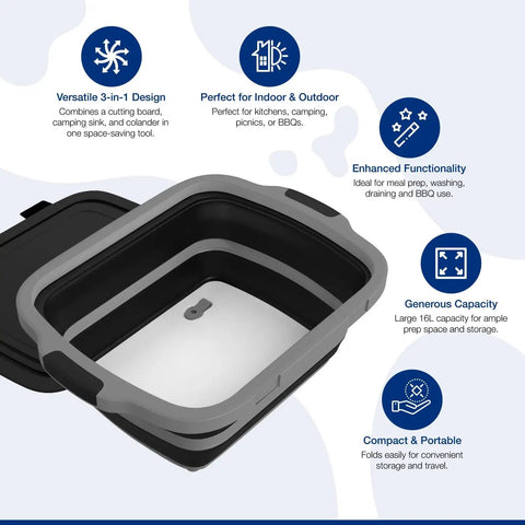 Two Pack XL Collapsible BBQ Prep Tub With Built In Cutting Board Lid And Strainer for marinating draining and prep, black open view