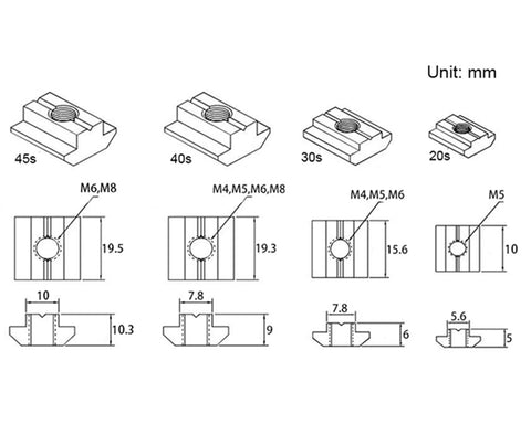 Technical drawing of T nuts dimensions for 24 Sets 2020 Aluminum Extrusion Corner Brackets Kit with 48 T Nuts and Screws for 6mm Slot.