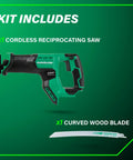 18V MultiVolt Cordless Compact Reciprocating Saw with Top Cutting Speed One and One Eighth Inch Stroke Length and Three Thousand SPM for Tight Spaces Up to One Hundred Twenty Five Cuts Per Charge Tool Body Only shown with curved wood blade