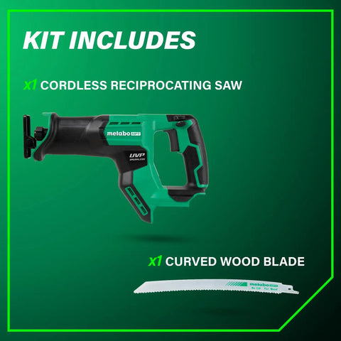 18V MultiVolt Cordless Compact Reciprocating Saw with Top Cutting Speed One and One Eighth Inch Stroke Length and Three Thousand SPM for Tight Spaces Up to One Hundred Twenty Five Cuts Per Charge Tool Body Only shown with curved wood blade