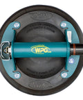 8 Inch Vacuum Suction Cup Lifter With Metal Handle And ABS Body Heavy Duty 125 Lb Capacity Includes Case Ideal For Grabbing Glass Tile Metal Panels And More Top Pick For Contractors And DIYers showing top view of black cup and teal handle.