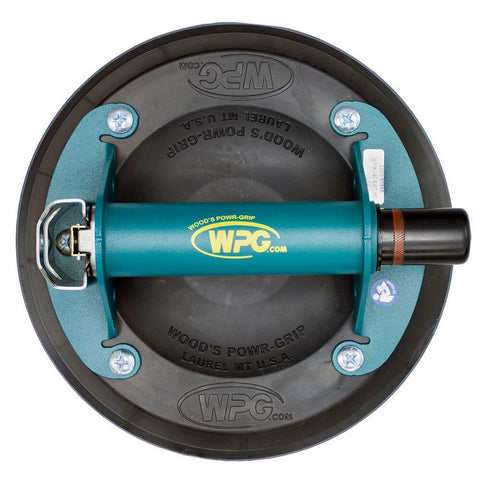 8 Inch Vacuum Suction Cup Lifter With Metal Handle And ABS Body Heavy Duty 125 Lb Capacity Includes Case Ideal For Grabbing Glass Tile Metal Panels And More Top Pick For Contractors And DIYers showing top view of black cup and teal handle.