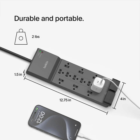Dope 12 Outlet Surge Protector Power Strip With 8 Foot Flat Plug For Home Office Travel UL Listed Heavy Duty Extension Cord 3940 Joules Of Protection And Charge Multiple Devices At Once shown with dimensions and charging devices