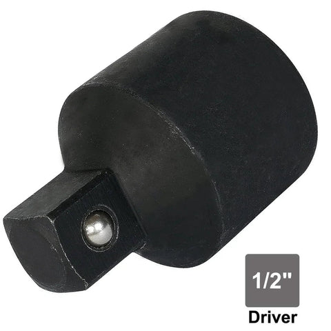 1/2in drive to 3/8in male impact socket adapter, black Cr-V steel, close-up view