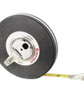 Rugged closed reel tape measure three eighths of an inch by one hundred feet with steel case and red vinyl cover, yellow line visible