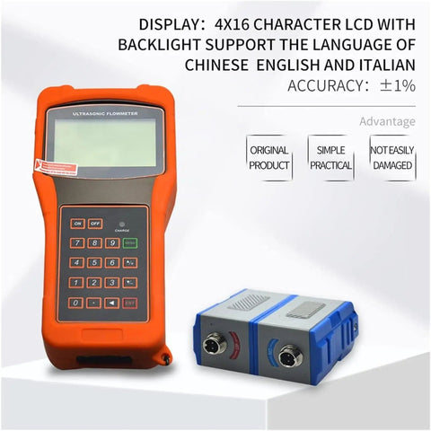 Portable Handheld Ultrasonic Liquid Flow Meter For Copper And PVC Pipes DN50-700mm shown with LCD display and sensor unit