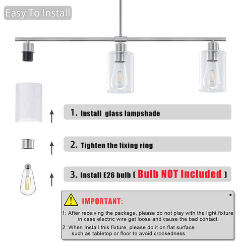 Installation steps for Three Light Kitchen Island Pendant In Brushed Nickel With Glass Shade, 31 Inch Modern Linear Chandelier