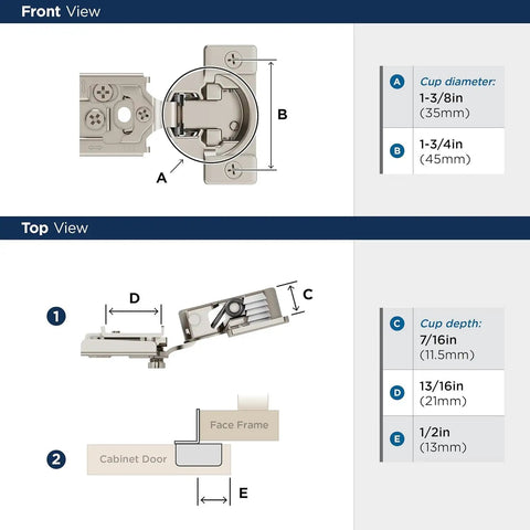 One Pair Half Inch Overlay Self Closing Compact Concealed Cabinet Hinge With Face Frame Mounting Complete Hardware Kit dimensions and views.