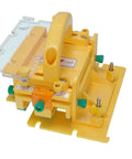 Top Shelf Grr Ripper Max Table Saw Push Pad Triple Force Grip Smashes Kickback And Guards Your Knuckles Full Tool Set With SafeRip Kit For Snappy Cuts On Thin Stock Usa Built Bright Yellow, side view showing handle and measuring scale.