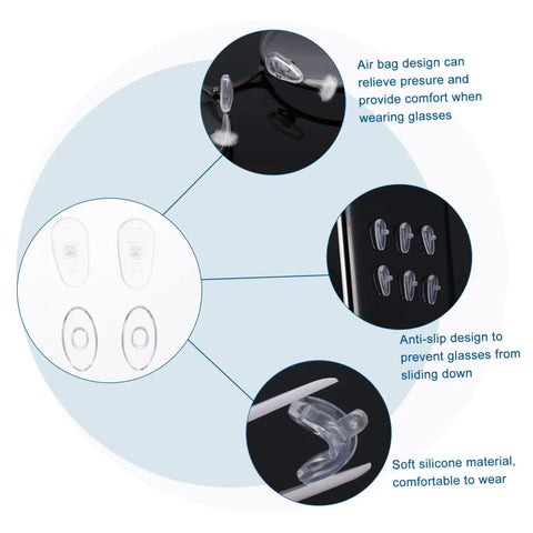 Close-up of eyeglass nose pads with airbag design, anti-slip features, and soft silicone material in All In One 1100Pcs Stainless Steel Eyeglass Screw Kit With Nuts And Hinges Repair Tools For A Quick Glasses Fix Sunglasses And Frames Repair Set With Multiple Size Screws Watchmaker Style Precision.