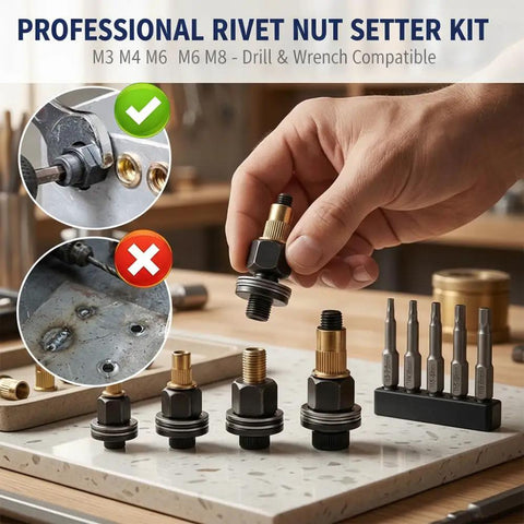 Heavy Duty Rivet Nut Tool Kit With M3 To M8 Carbon Steel Adapters For Sheet Metal Auto Repair And Furniture Building Projects That Get The Job Done Right Every Time, displayed with five adapters