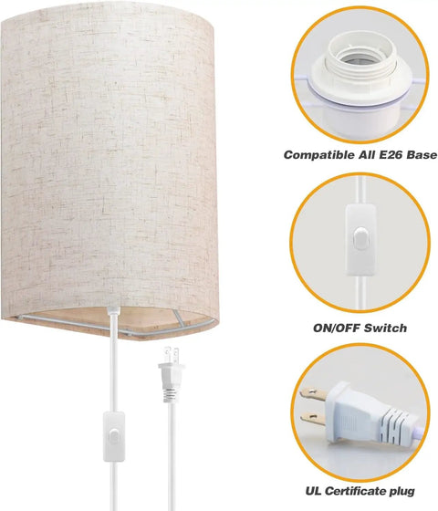 Two Pack Plug In Wall Sconce Industrial Rustic Led Wall Light with Cord 3 Color Modes Beige shade, E26 base, plug, switch