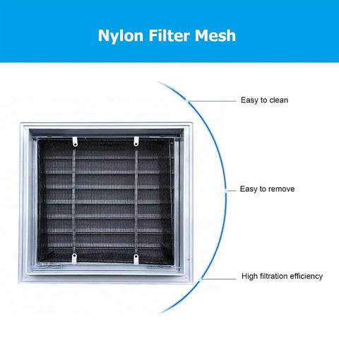 Heavy Duty Aluminum Alloy Louvered Air Return Vent Cover With Waterproof Ceiling Wall Grill And No Sweat Filter Removal For Smooth Home Climate Control And Zero Drama Basement Setup showing nylon filter mesh.