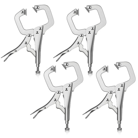 Workhorse 11 Inch Locking C Clamps 4 Pack Heavy Duty Steel With Swivel Jaw Pad One Hand Quick Release Mechanism, showcasing silver clamps.