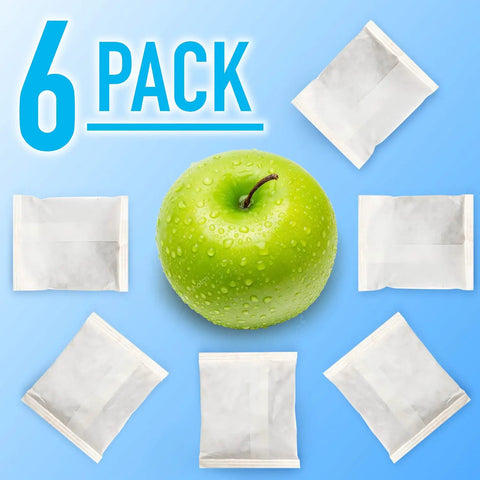 FreshFlow Compatible Produce Preserver Packets 6 Pack For Whirlpool And KitchenAid Refrigerators surrounding a fresh green apple