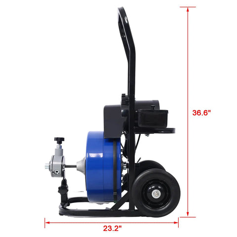 Side view of Badass Commercial Drain Auger And Sewer Snake With 60 Foot Cable, 36.6" tall and heavy-duty design for home pipes.