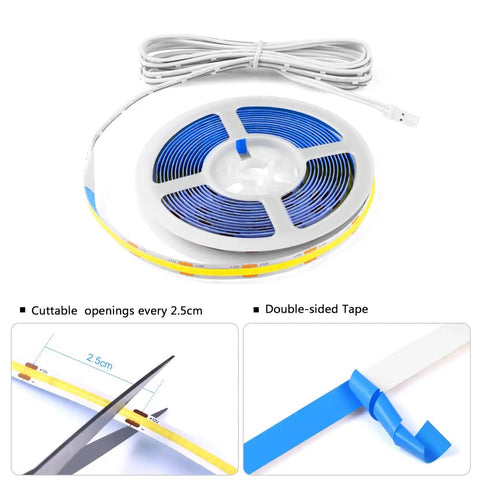 Dope 12V COB LED Strip Lights Kit with six 3.3 foot strips, showing cuttable sections and double-sided tape