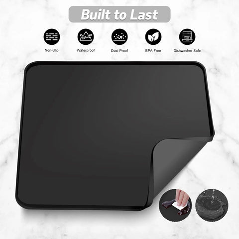 Silicone Coffee Mat 16 By 16 Inch Waterproof Heat Resistant Bar Mat For Espresso Machines Station Accessories No Slip Dish Drying Mat Kitchen Counter Black Home Decor Essentials, showcasing its non-slip and waterproof features.