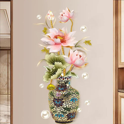 Chinese Style Lotus Flower Vase Wall Sticker With Pearl Accents Peel And Stick Decor For Living Room And Entryway