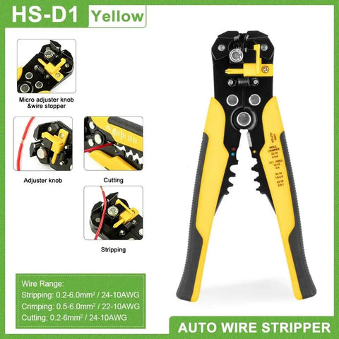 Auto wire stripper with micro adjuster knob, yellow handle, HS-D1 model, for 2 Into 4 Way Wire Connector Terminal Block Kit With Stripping Tool Boxed Splice Block With Fixing Holes For Electrical Wiring Easy Install Butt Terminal Assembly Handy Tool Kit For DIY Electrical Projects