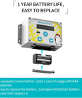 Rainproof Automatic Chicken Coop Door Opener battery compartment detail, shows 1 year battery life marking on controller.