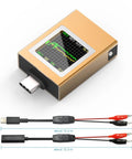 Power Meter For USB C With Color IPS Screen And Digital Multimeter, gold casing, two cables shown, measures voltage and more