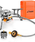 Portable 3700W Camping Stove With Piezo Ignition, Backcountry Backpacking Burner For Outdoor Cooking, with orange carry case