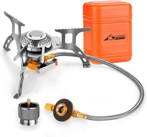 Portable 3700W Camping Stove With Piezo Ignition, Backcountry Backpacking Burner For Outdoor Cooking, with orange carry case