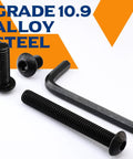 Built Tough As Nails M8 Button Head Socket Screws 45Mm X 1.25 Pitch 10.9 Alloy Steel Black Oxide Full Thread Fasteners show screws and hex wrench.
