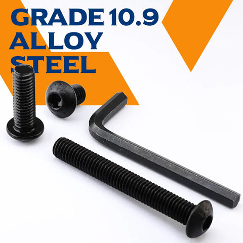 Built Tough As Nails M8 Button Head Socket Screws 45Mm X 1.25 Pitch 10.9 Alloy Steel Black Oxide Full Thread Fasteners show screws and hex wrench.
