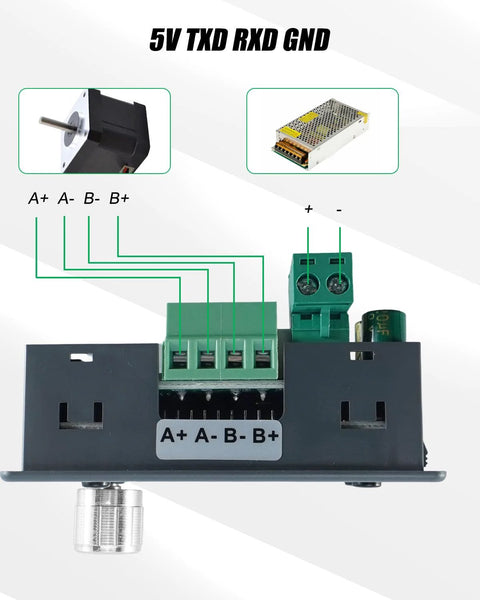 Stepper motor driver controller with green screw-terminal block, A+ A- B- B+ labels, and front panel knob