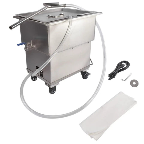 Heavy Duty 370W Commercial Fryer Filter Machine With 18L Oil Filler Cart Truck Separator, stainless steel unit with hoses.