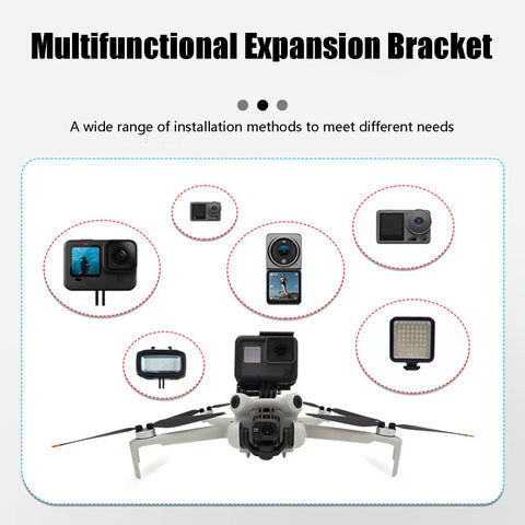 Drone with Vlog Ready Camera Mount and various action cameras and LED lights for DJI Mini 4 Pro, Mini 3 Pro, and Mini 3 models.