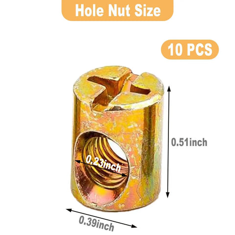 Premium Heavy Duty M6 Slotted Barrel Nuts 10x13mm Gold Cross Dowel Furniture Fasteners Replacement For Beds Cribs Chairs Tough As Nails Pro Grade Kit Of 10 Pieces, showing size dimensions.