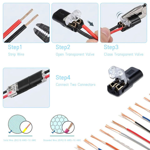 50 Pack Double Wire Plug In Connectors With Locking Buckle For LED Strip Lights Quick Clip Fasteners in assembly steps