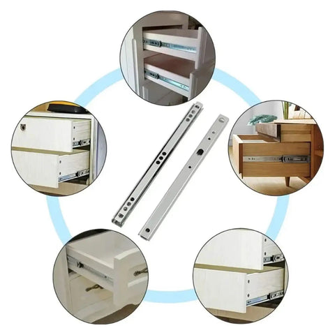 Rock Solid Side Mounted Ball Bearing Drawer Slides Smoother Than Silk Full Extension Metal Runners in various drawer settings.