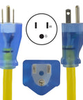 Heavy Duty 50 Foot Outdoor Extension Cord With Lighted End, 15 Amp 125 Volt, 10 Gauge STW 600V Cable, Waterproof; plug details
