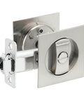 Front view of recessed pocket door lock with two sided privacy latch for bathroom bedroom barn doors, silver finish.