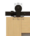 Close-up of Bypass Sliding Barn Door Rail Hardware Kit, Heavy Duty Carbon Steel Tracks, mounted on double door, measurements shown.