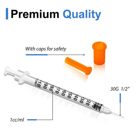 Individually Wrapped 100 Pack Disposable Syringes One Milliliter 30 Gauge Half Inch For Lab And Home Use with orange cap