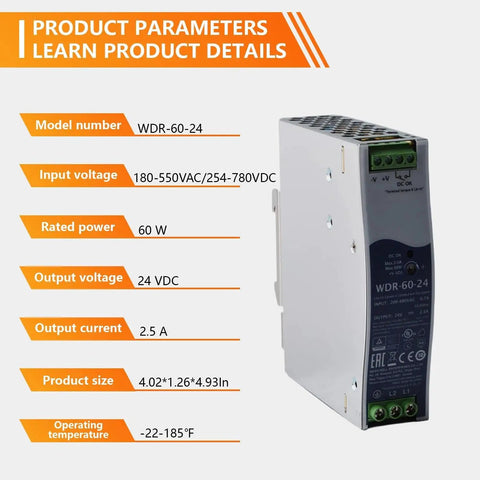 Heavy Duty Industrial Din Rail Power Supply 60 Watt 24 Volt 2.5 Amp with specifications and product details.
