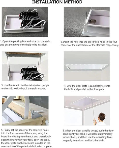 Installation steps of No Drama Electric Attic Ladder Remote Control Foldable Pull Down Stairs with alloy steel frame.