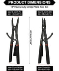 16-Inch Heavy Duty Circlip Pliers Set with dimensions for internal and external circlips, showing size and tip angles.
