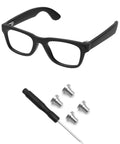 Top Shelf Replacement Temple Screws And Quick Fix Screwdriver Kit For Ray Ban Meta Wayfarer Skyler Headliner Gen Two Plus Oakley Meta Hstn Ai Sunglasses Silver Hardware with glasses and screws.
