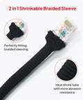 2 In 1 Heat Shrink Braided Sleeving Fabric Tubing for RJ45 cable, showing abrasion resistance and snug fit on connector.